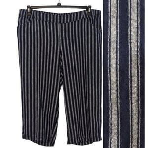 Lane Bryant Pull On Wide‎ Leg Crop Pants Plus Size 18 Navy Stripe Linen Pockets
